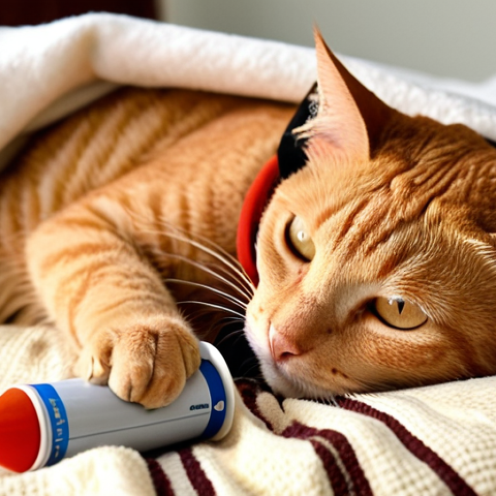 **

A ginger tabby cat, slightly groggy, wearing a comical Elizabethan collar ("cone of shame"). The cat is lying on a soft, warm blanket. In the background, a caring owner gently monitors the cat's breathing, showcasing a thermometer and a clean, healing surgical wound visible on the cat's abdomen. Focus on the gentle concern and recovery process. Soft, warm lighting.

**