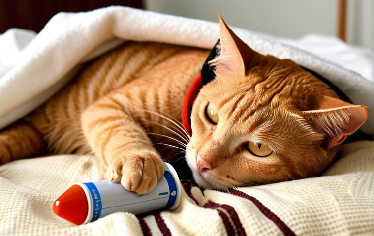 **
A ginger tabby cat, slightly groggy, wearing a comical Elizabethan collar ("cone of shame"). The cat is lying on a soft, warm blanket. In the background, a caring owner gently monitors the cat's breathing, showcasing a thermometer and a clean, healing surgical wound visible on the cat's abdomen. Focus on the gentle concern and recovery process. Soft, warm lighting.
**