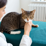 A compassionate woman in modest, comfortable clothing gently cleaning a healthy domestic shorthair cat's eye with a sterile gauze and saline solution, in a brightly lit, clean living room. The cat is calm and relaxed. fully clothed, appropriate attire, safe for work, appropriate content, family-friendly, perfect anatomy, correct proportions, natural pose, well-formed hands, proper finger count, natural body proportions, professional photography, high quality.