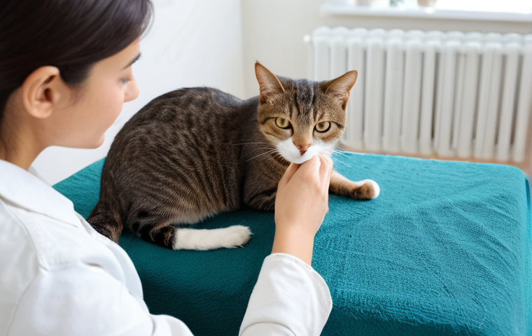 A compassionate woman in modest, comfortable clothing gently cleaning a healthy domestic shorthair cat's eye with a sterile gauze and saline solution, in a brightly lit, clean living room. The cat is calm and relaxed. fully clothed, appropriate attire, safe for work, appropriate content, family-friendly, perfect anatomy, correct proportions, natural pose, well-formed hands, proper finger count, natural body proportions, professional photography, high quality.