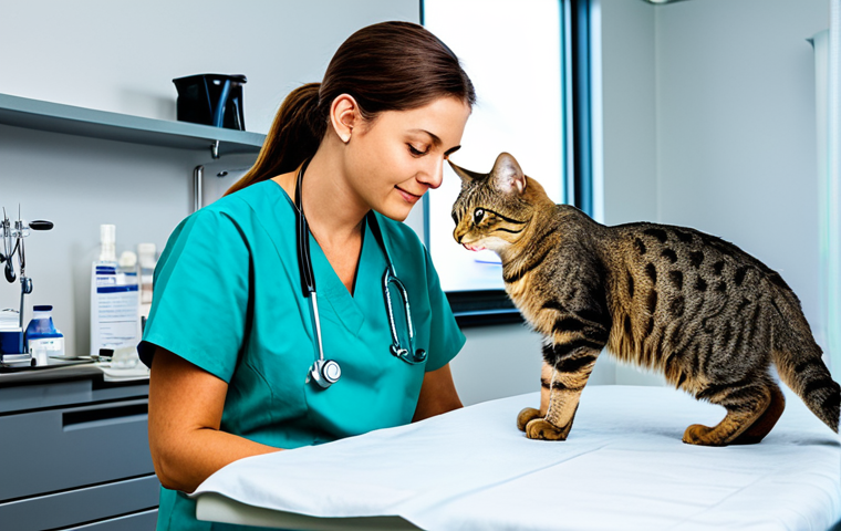 **

A veterinarian, Dr. Rossi, is examining a fully clothed tabby cat named Micio on an examination table in a bright, clean veterinary clinic. The cat is calm and cooperative. Background includes medical instruments and a friendly veterinary assistant.  Safe for work, appropriate content, professional setting, perfect anatomy, natural proportions, high quality. The scene conveys trust and expert care.

**