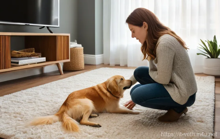 강아지 구토 원인과 대처법 - Image Prompt 1: Initial Observation of Discomfort**