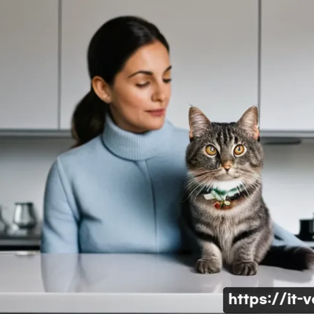 고양이 간식 중독 방지법 - **Prompt:** A loving and attentive Italian woman in her late 30s is in a brightly lit, modern kitche...