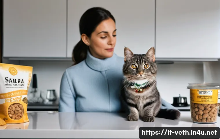 고양이 간식 중독 방지법 - **Prompt:** A loving and attentive Italian woman in her late 30s is in a brightly lit, modern kitche...