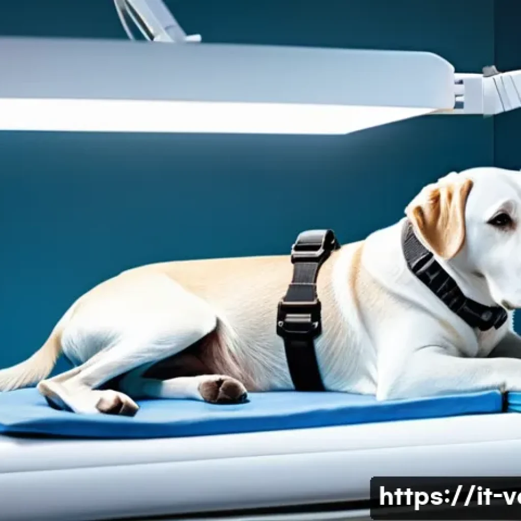 강아지 슬개골 탈구 수술 후기 - A detailed veterinary clinic scene showing a medium-sized active dog wearing a comfortable dog harne...