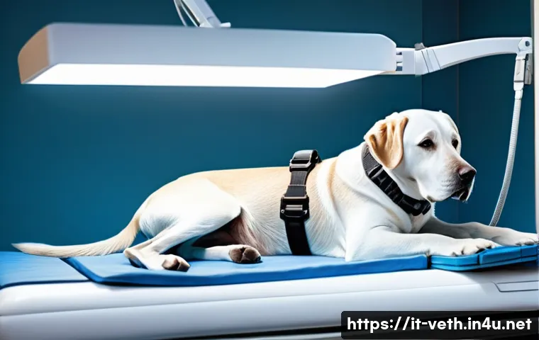 강아지 슬개골 탈구 수술 후기 - A detailed veterinary clinic scene showing a medium-sized active dog wearing a comfortable dog harne...