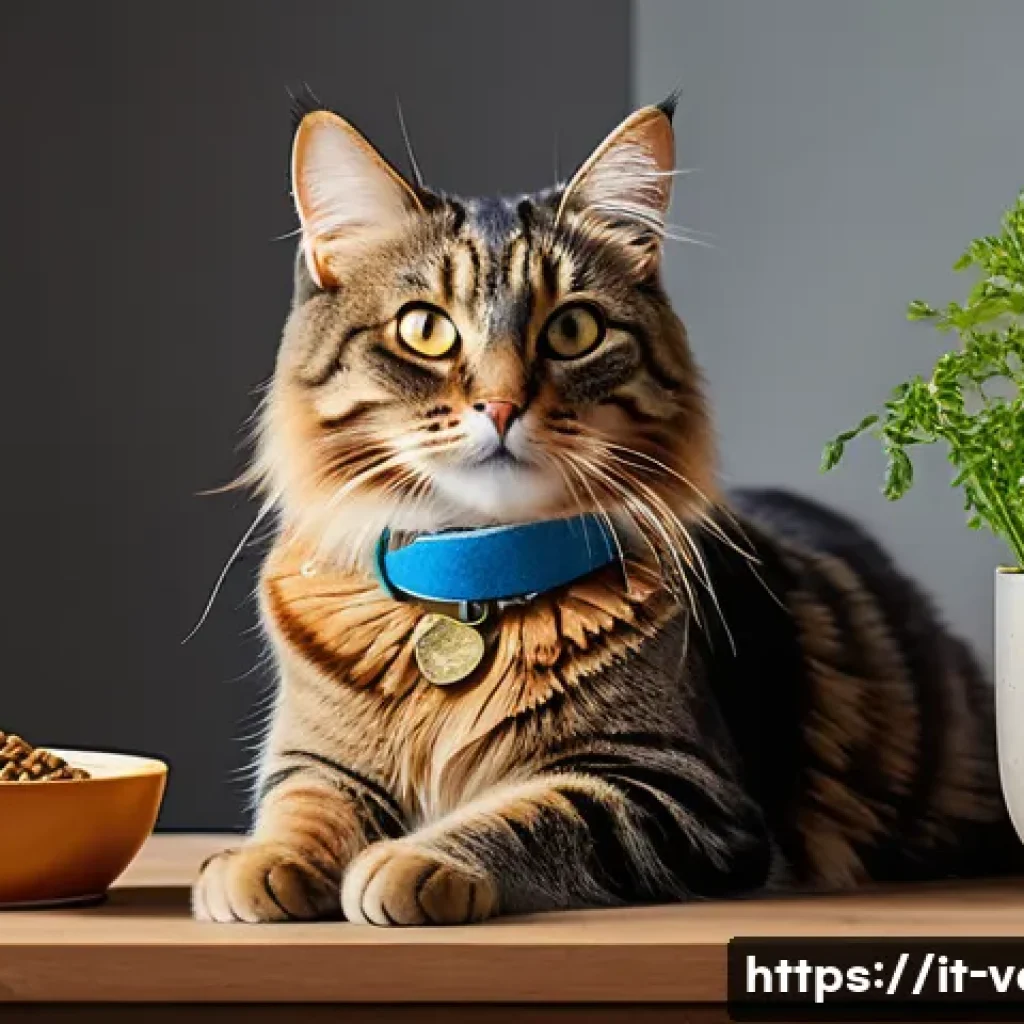 고양이 암 예방을 위한 사료 - A vibrant and detailed illustration of a healthy domestic cat indoors, showcasing a shiny, well-groo...