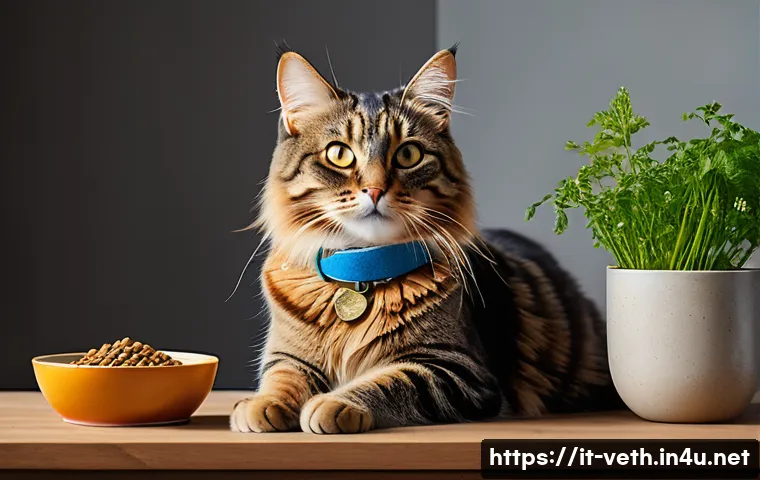 고양이 암 예방을 위한 사료 - A vibrant and detailed illustration of a healthy domestic cat indoors, showcasing a shiny, well-groo...