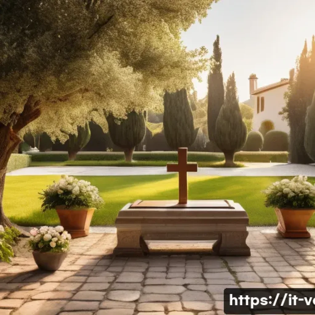 반려동물 장례 절차 - A serene outdoor pet memorial ceremony in an Italian garden during golden hour, featuring a small gr...