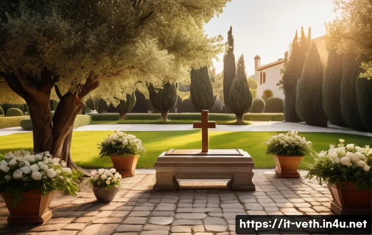 반려동물 장례 절차 - A serene outdoor pet memorial ceremony in an Italian garden during golden hour, featuring a small gr...