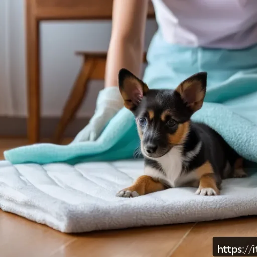 강아지 항문낭 관리법 - A calm and gentle scene showing a small to medium-sized dog wearing a clean diaper, lying comfortabl...