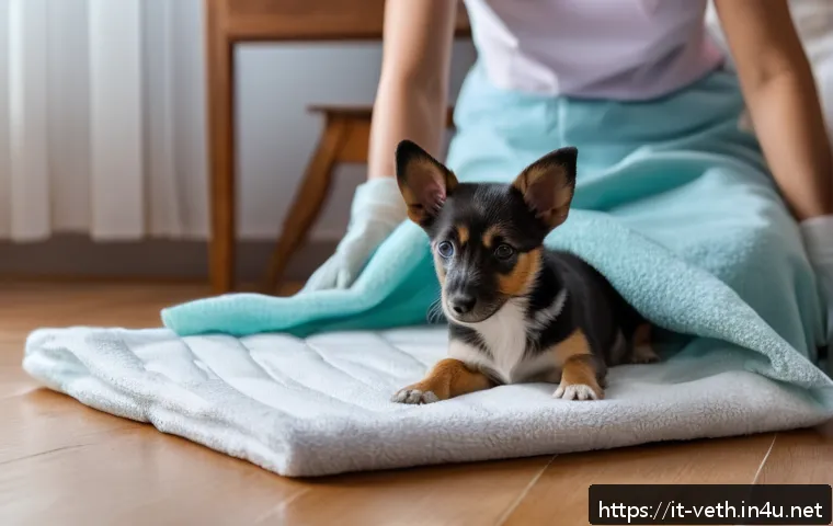 강아지 항문낭 관리법 - A calm and gentle scene showing a small to medium-sized dog wearing a clean diaper, lying comfortabl...