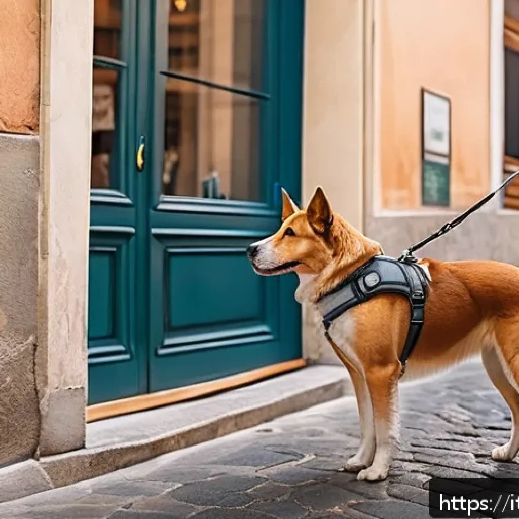 반려동물 산책 중 위험물 관리 - A calm and attentive adult dog wearing a well-fitted harness and leash, walking alongside an Italian...