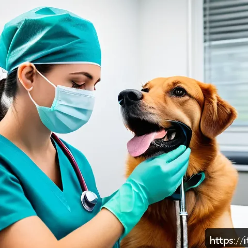 강아지 치석 제거 비용 - A professional Italian veterinary clinic scene featuring a medium-sized adult dog wearing a comforta...