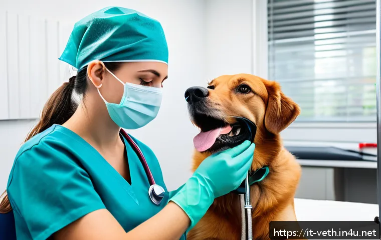 강아지 치석 제거 비용 - A professional Italian veterinary clinic scene featuring a medium-sized adult dog wearing a comforta...