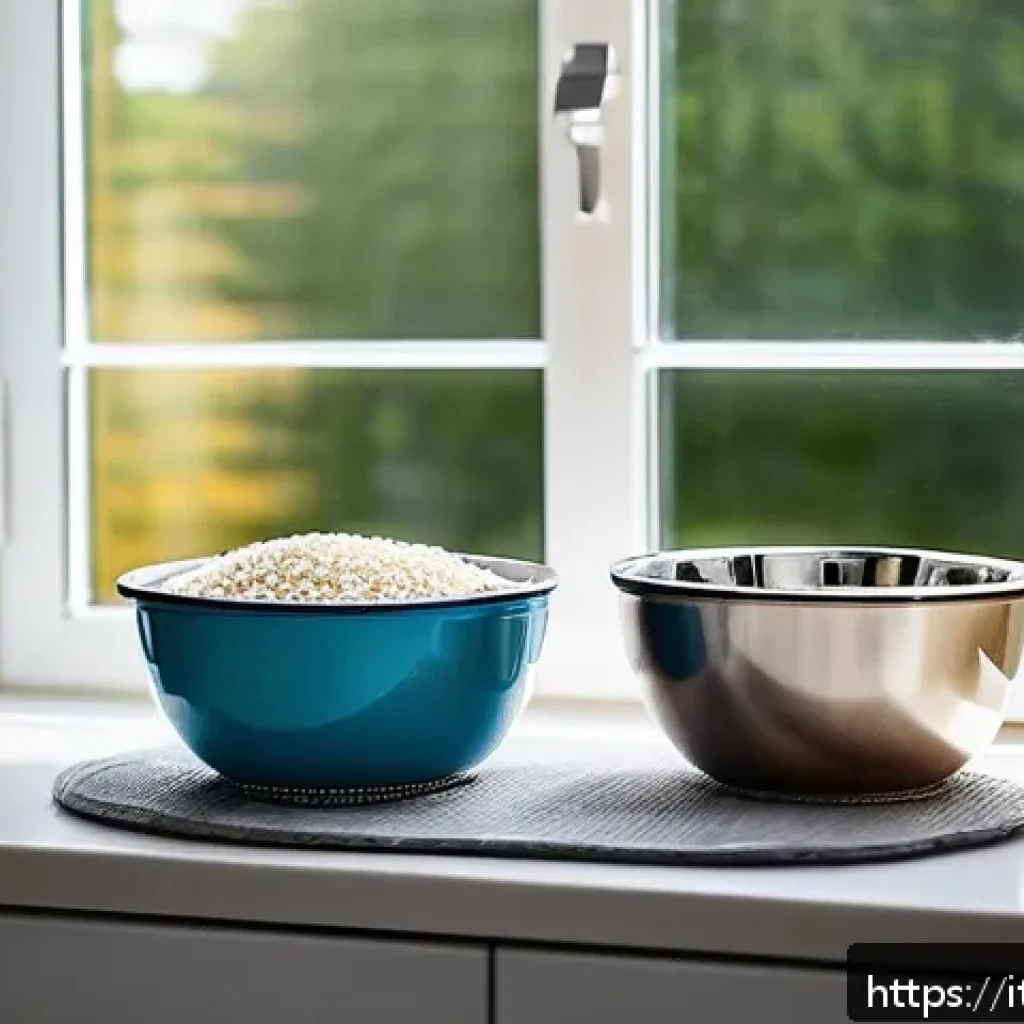 반려동물 식기 세척 방법 - A clean and modern kitchen setting in an Italian home, featuring three pet bowls side by side on a t...