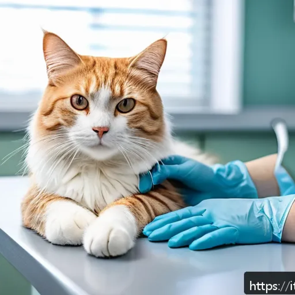 고양이 무릎 관절 수술 후기 - A detailed, realistic veterinary surgical scene showing a calm adult cat wearing a soft protective b...