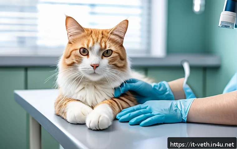 고양이 무릎 관절 수술 후기 - A detailed, realistic veterinary surgical scene showing a calm adult cat wearing a soft protective b...