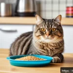 반려묘 비만 관리법 - A cozy indoor scene showing a domestic cat with a slightly overweight build lounging near a kitchen ...