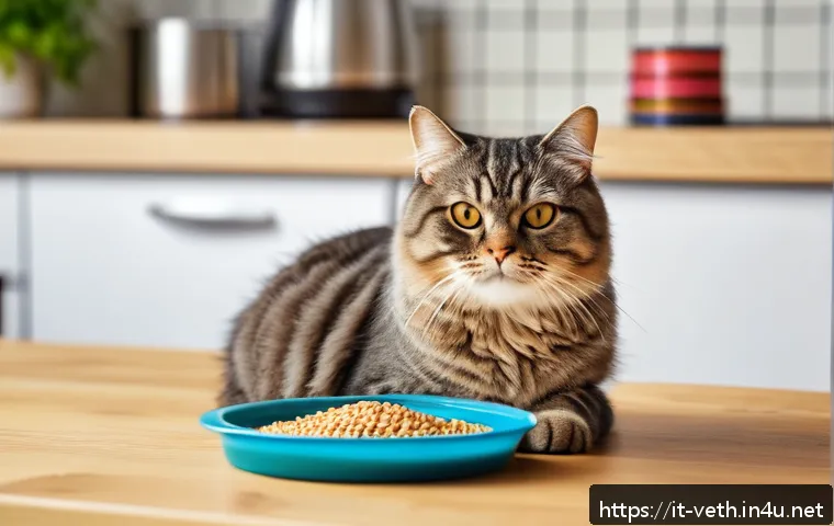 반려묘 비만 관리법 - A cozy indoor scene showing a domestic cat with a slightly overweight build lounging near a kitchen ...