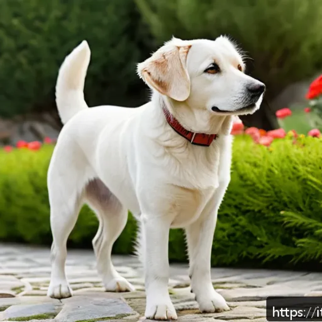반려견 체중 관리 방법 - A detailed side profile of a healthy medium-sized dog standing outdoors in a sunny Italian garden, s...
