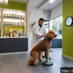 강아지 미용 비용 비교 - A professional dog grooming salon in a modern Italian city setting, featuring a clean and spacious i...