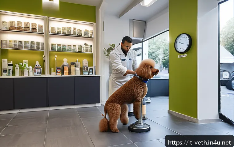 강아지 미용 비용 비교 - A professional dog grooming salon in a modern Italian city setting, featuring a clean and spacious i...