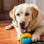 이갈이 예방을 위한 강아지 장난감 추천 - A happy adult Labrador retriever chewing on a durable natural rubber dog toy with textured grooves f...