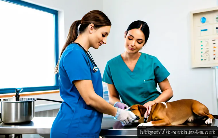 반려동물 장염 치료 사례 - Photorealistic Italian veterinary clinic, compassionate veterinarian in clean scrubs gently examinin...